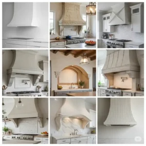 Creative kitchen design ideas showcasing various styles of plaster kitchen hood.