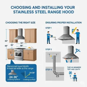 An infographic providing a guide on how to choose the right size and ensure proper installation for a new stainless steel kitchen range hoods.