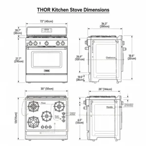 A technical diagram showing the exact dimensions of a THOR kitchen stove, useful for kitchen planning and cabinet fitting.