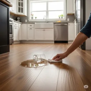 A water-resistant wood floor in a kitchen, demonstrating how wood floors in kitchen can withstand minor spills and moisture.