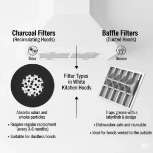 An infographic comparing the different types of filters used in white kitchen hoods, including charcoal filters for recirculating models and baffle filters for ducted systems.