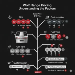 "An infographic or chart visually explaining how features like size, fuel type (gas, dual-fuel, induction), and customization affect Wolf kitchen range prices."