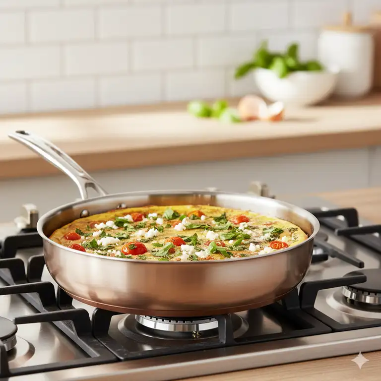 Delicious frittata cooking in a durable 10 inch pan on a gas stovetop, highlighting its perfect size for family meals.