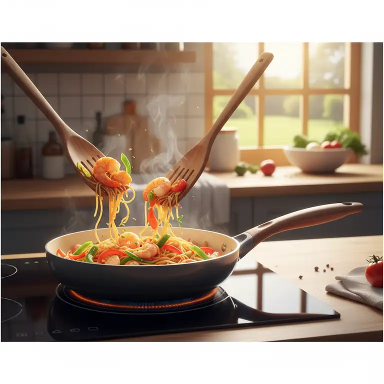 A beautiful 14 inch ceramic skillet on a stovetop, ready for cooking a family meal.