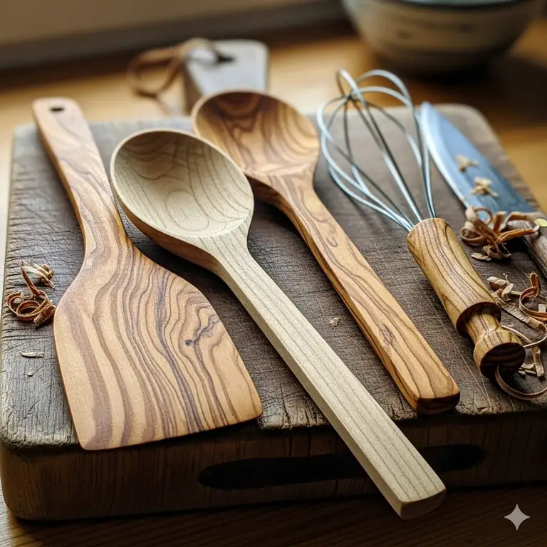 A beautiful assortment of handcrafted best wood for kitchen utensils, including a spatula, spoon, and whisk, laid out on a rustic wooden cutting board. The various wood types like olive wood and beechwood are visible, showcasing the natural grain and warm tones.