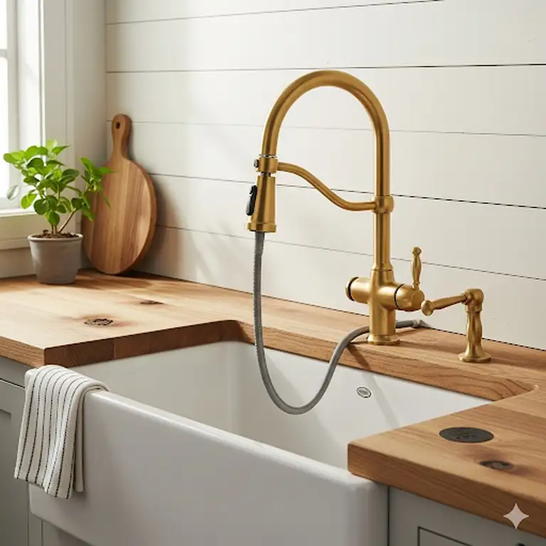 A beautiful brass farmhouse kitchen faucet with a pull-down sprayer installed in a white apron-front sink, complementing the rustic wood countertop and shiplap backsplash.