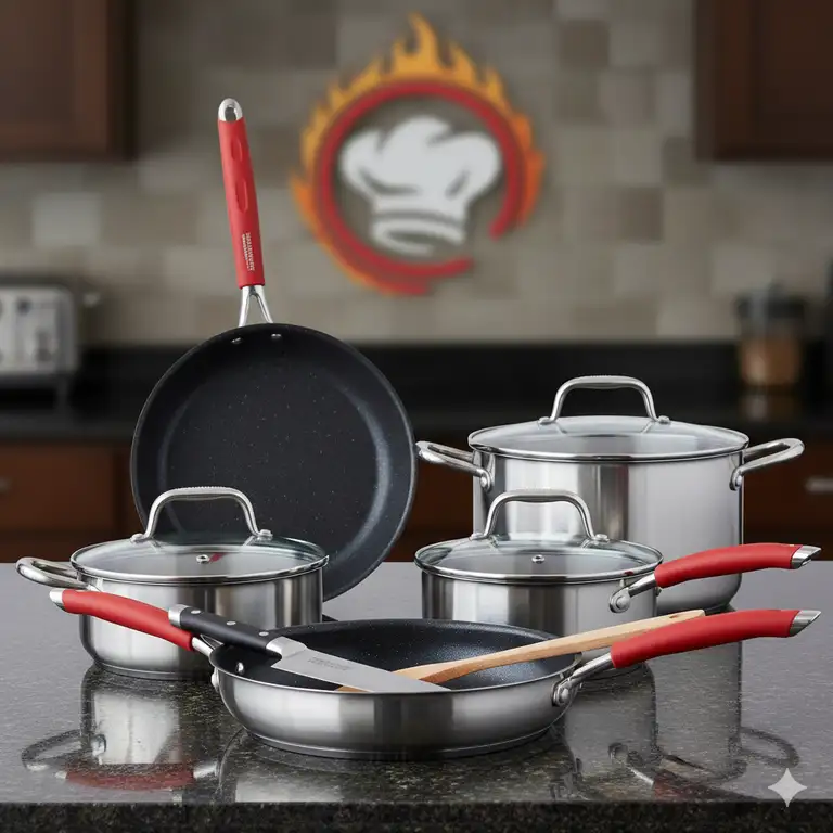 A full view of a "Hell's Kitchen" cookware set, featuring a nonstick frying pan, saucepan, and Dutch oven, all with signature red handles.