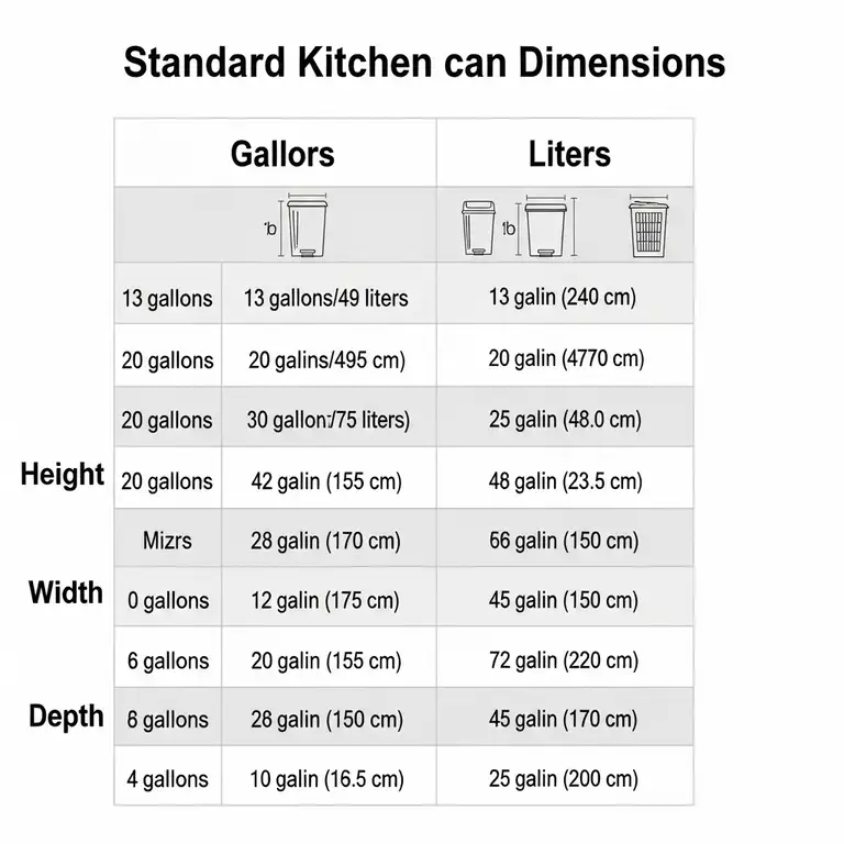 A side-by-side comparison of standard kitchen trash can dimensions, including height, width, and depth, in both gallons and liters.