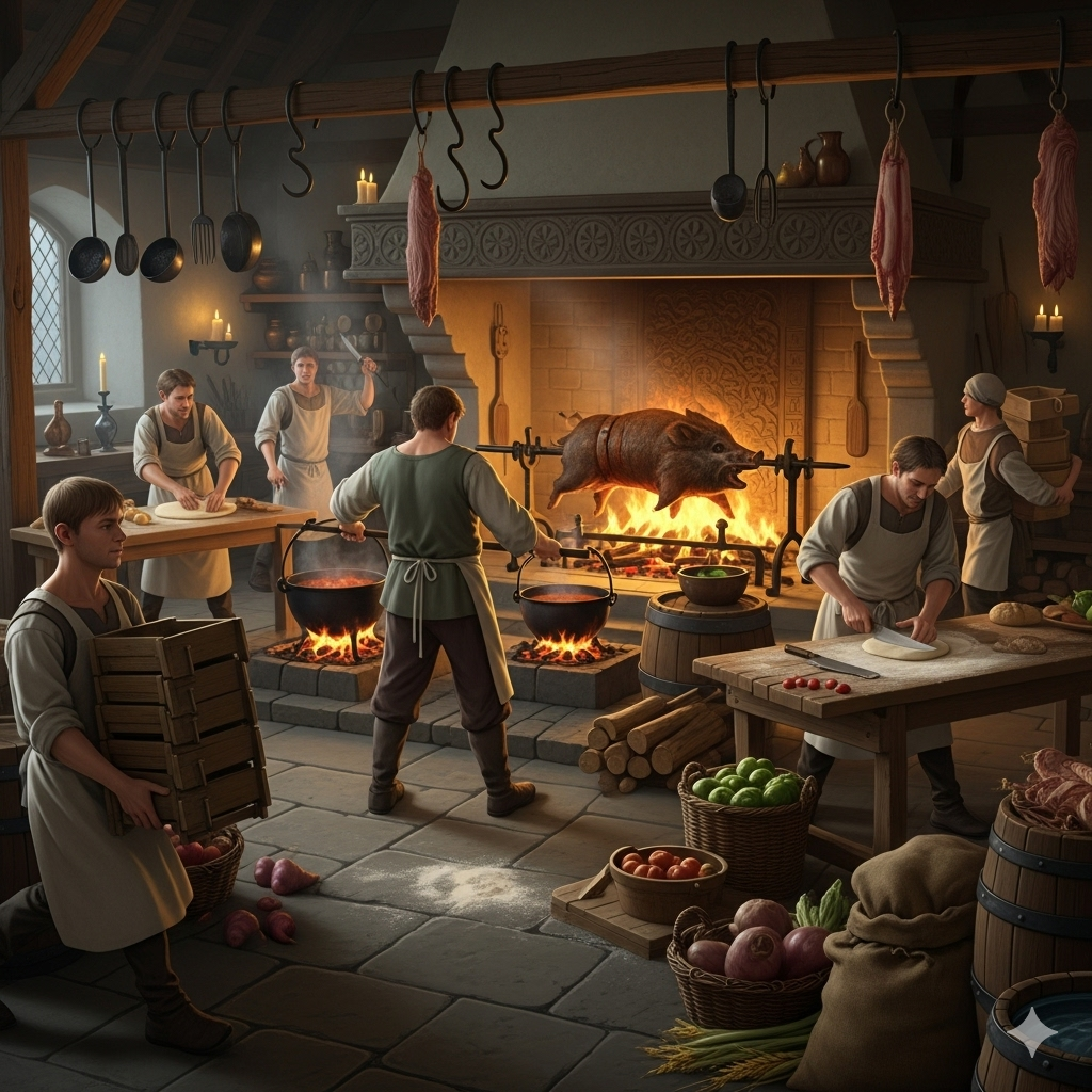A bustling medieval kitchen with cooks preparing a feast over an open hearth.