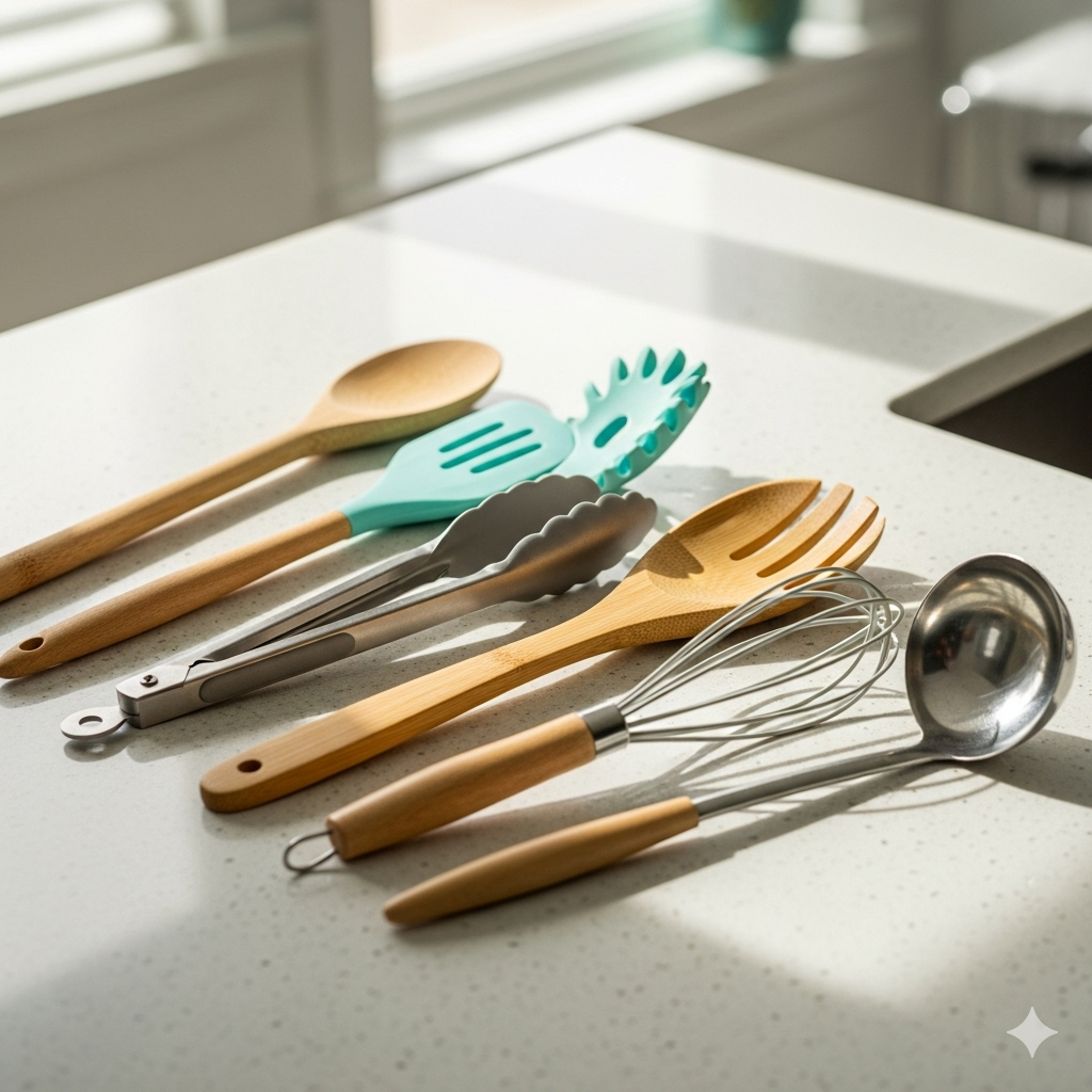 A group of non-toxic kitchen utensils on a wooden cutting board, including items made from bamboo, silicone, and stainless steel.