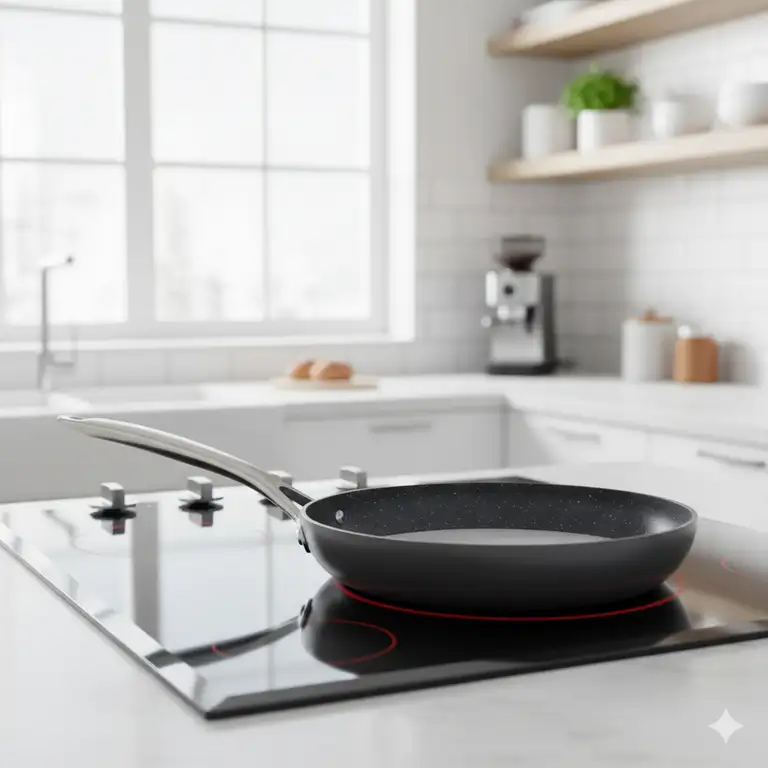 A sleek nonstick fry pans perfectly positioned on a modern stovetop in a bright, contemporary kitchen, ready for use.