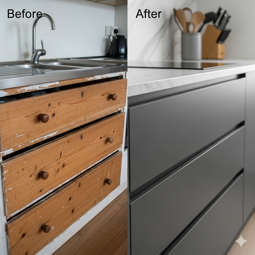 A close-up shot of a modern kitchen with sleek, new replacement kitchen drawers, showing off their smooth finish and seamless fit. The image highlights the before-and-after transformation of an updated kitchen.