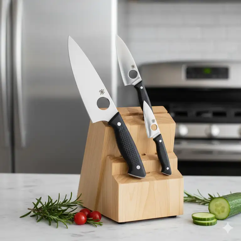 A high-angle view of a Spyderco kitchen knives set neatly arranged on a wooden block. The set includes a chef's knife, paring knife, and utility knife, showcasing the brand's unique blade design and ergonomic handles.