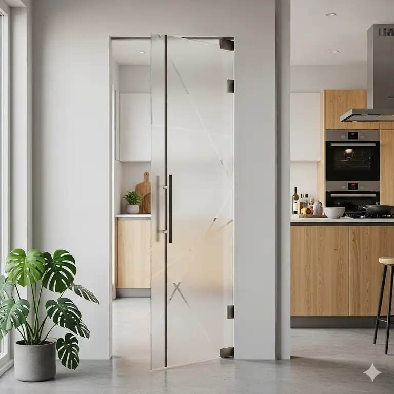 A stylish swinging kitchen door in a modern home, showcasing its functional and space-saving design.