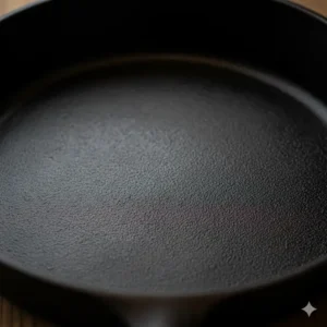 Close-up texture of a pre-seasoned 12 inch fry pan surface, ideal for searing. 