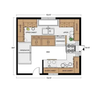 A detailed diagram of a U-shaped barndominium kitchen layout, showing the three main workstations (sink, stove, refrigerator) arranged along three walls for maximum workspace.