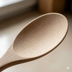 A close-up shot of a durable beechwood kitchen spoon, highlighting its fine, even grain and light color, perfect for everyday cooking, representing one of the best wood for kitchen utensils.