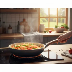 A large 14 inch ceramic skillet expertly cooking a colorful stir-fry, showcasing its spacious cooking surface. 