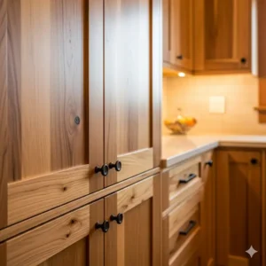Close-up of custom natural wood cabinets in a kitchen, highlighting the grain and texture. 