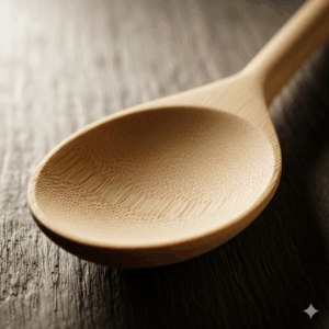 Close-up of bamboo non-toxic kitchen utensils in a holder on a kitchen counter.