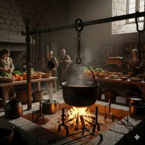 A detailed illustration of an open hearth, the central cooking area in a medieval kitchen, with a large cauldron hanging above the fire.