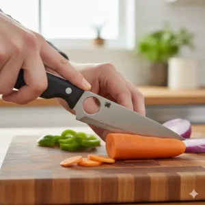 Close-up shot of a person using a Spyderco kitchen knives to thinly slice a carrot on a cutting board, highlighting the precision and sharpness of the blade. 