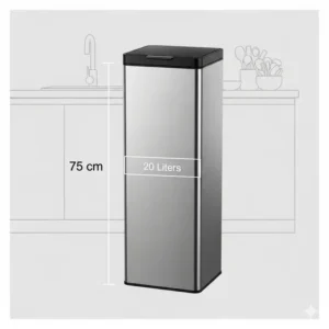 Illustration of the key kitchen trash can dimensions for a tall, slim can, showing its height and capacity measurements suitable for narrow spaces.