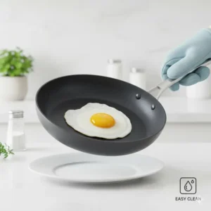 Illustration of a fried egg effortlessly sliding out of a non-stick 10 inch pan, demonstrating easy food release. 