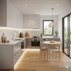 An architectural rendering of an L-shaped barndominium kitchen layout with a dining area, demonstrating an open and versatile design ideal for small spaces.