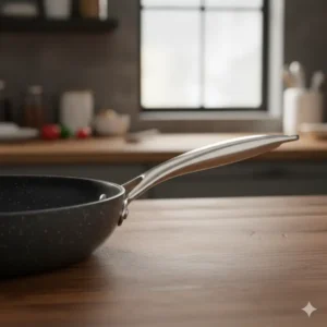 Ergonomic, heat-resistant, stainless steel handle on a durable 12 inch fry pan. 