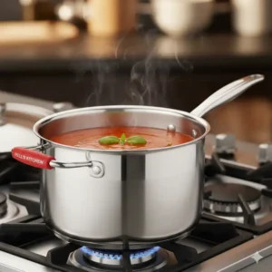 A stainless steel Hell's Kitchen saucepan with a simmering tomato soup, showing its durable construction.