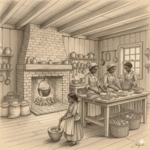 A detailed interior scene of the kitchen house where much of the action takes place in the kitchen house book. 