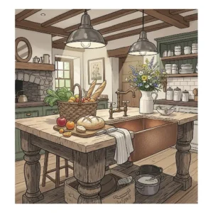 A rustic farmhouse kitchen island table with sturdy, chunky turned legs, creating a cozy and welcoming atmosphere.