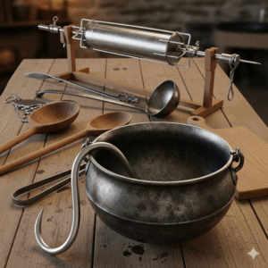 A collection of common medieval kitchen utensils, including a flesh hook, spit, and iron cauldron.