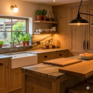  A natural kitchen featuring beautiful stone countertops and a farmhouse sink, complemented by warm lighting. 