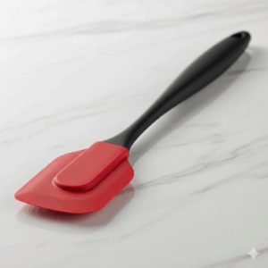 A set of colorful silicone non-toxic kitchen utensils arranged neatly next to a mixing bowl. 