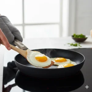 Close-up of perfectly cooked eggs effortlessly sliding around in a nonstick fry pans, demonstrating easy food release. 