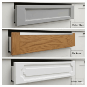 A collage of different replacement kitchen drawer fronts, including shaker, flat panel, and raised panel styles, to help customers choose the best design for their cabinetry.