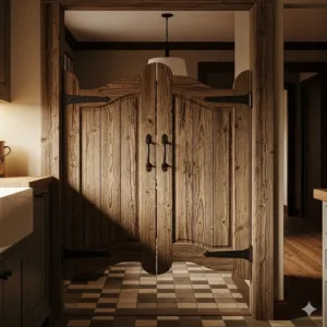 A rustic saloon-style swinging kitchen door, adding a unique aesthetic to a traditional kitchen entryway. 