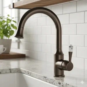 A close-up view of a single-handle farmhouse kitchen faucet with a curved spout, designed for easy temperature and flow control.