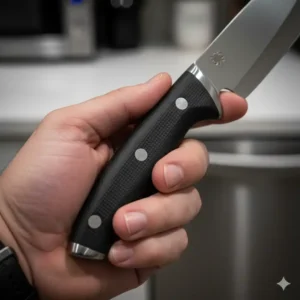 Detailed view of the ergonomic handle of a Spyderco kitchen knives, showing the comfortable grip and the distinct textured design that provides control and safety during use. 