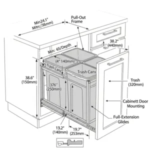Diagram of an under-counter kitchen trash can pull-out system, highlighting the specific kitchen trash can dimensions required for cabinet installation