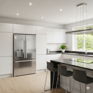 A full view of a contemporary kitchen with pristine white kitchen cabinets with stainless appliances complemented by a large, energy-efficient stainless steel refrigerator.