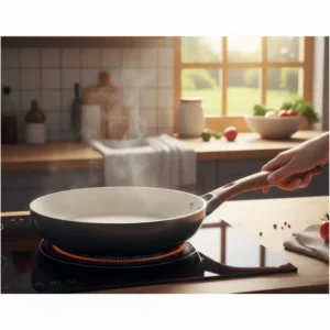 Hand holding the comfortable, ergonomic handle of a 14 inch ceramic skillet, demonstrating ease of use. 