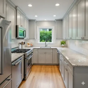 A straight-on view of a narrow galley-style barndominium kitchen with parallel countertops, designed for efficient movement and easy access to all appliances.