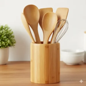 A set of lightweight and sustainable bamboo kitchen utensils neatly stored in a countertop utensil holder, highlighting the benefits of bamboo as one of the best wood for kitchen utensils.