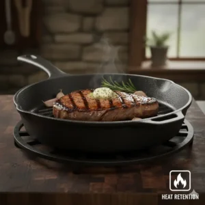 Classic cast iron 10 inch pan with a perfectly seared steak, showcasing its heat retention and durability. 