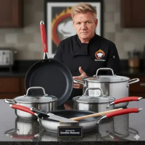 A professional photo of a complete Hell's Kitchen cookware set, endorsed by Gordon Ramsay, displayed on a kitchen counter.