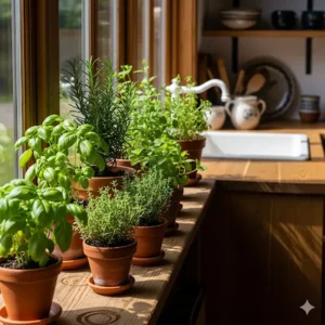 Fresh herbs in small pots on a windowsill, bringing a touch of nature into a natural kitchen. 