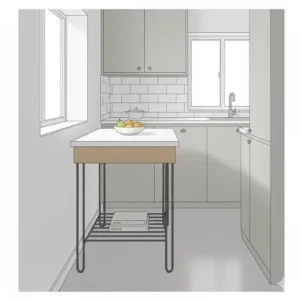 A compact kitchen island table with slim, straight legs, ideal for maximizing space in a smaller kitchen layout.